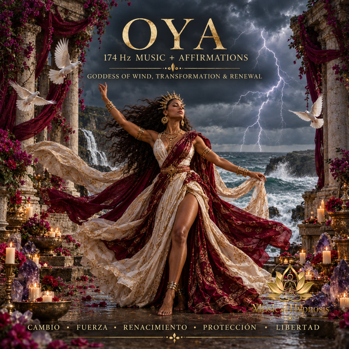 A square album-style cover featuring a woman in a flowing cream and burgundy gown standing in a stormy coastal temple scene with lightning, white doves, candles, and dramatic text reading 'OYA 174 Hz MUSIC + AFFIRMATIONS' and 'Goddess of Wind, Transformation & Renewal.' Because a person and a real environment are present, this fits Lifestyle rather than Product/Packaging, even though it is also a cover-like promotional image.