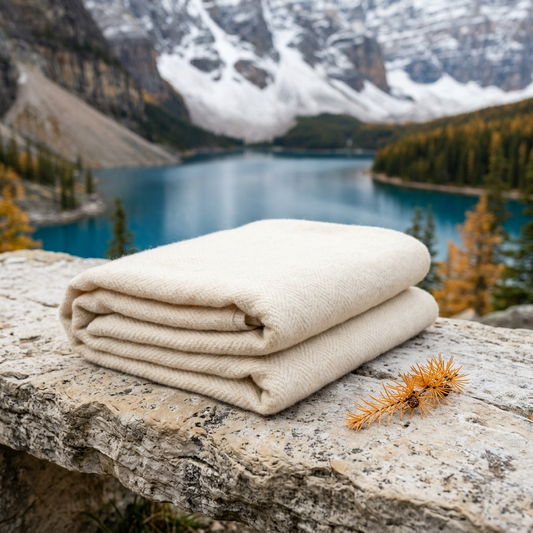 A folded cream wool blanket and golden larch twig rest on pale stone above a blue alpine lake