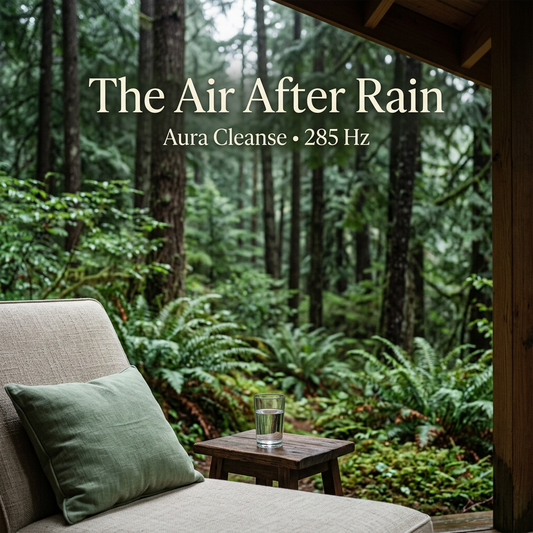 Linen chair with a sage cushion and a glass of water overlooking a fern forest, with The Air After Rain headline