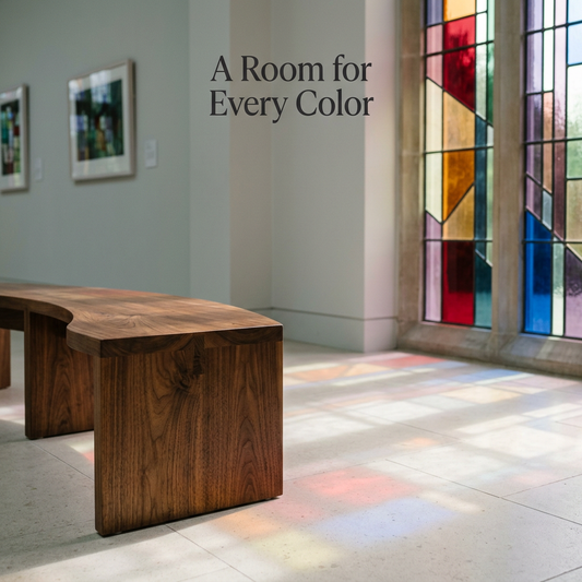 Walnut gallery bench and soft stained-glass daylight beneath the headline A Room for Every Color