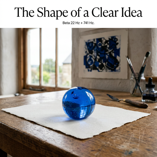 Cobalt blue glass paperweight on ivory cotton paper in a sunlit printmaking studio, with The Shape of a Clear Idea headline