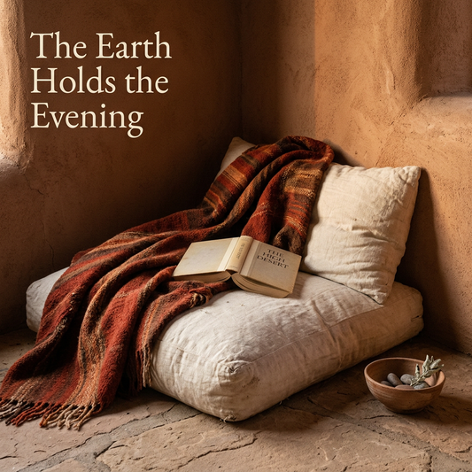 Rust-red blanket and ivory cushions in a warm adobe resting nook beneath the headline The Earth Holds the Evening