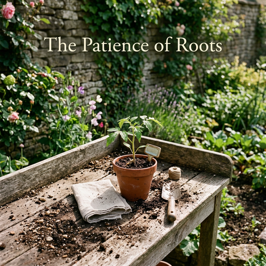 A young seedling in a terracotta pot on a weathered garden bench, with The Patience of Roots headline