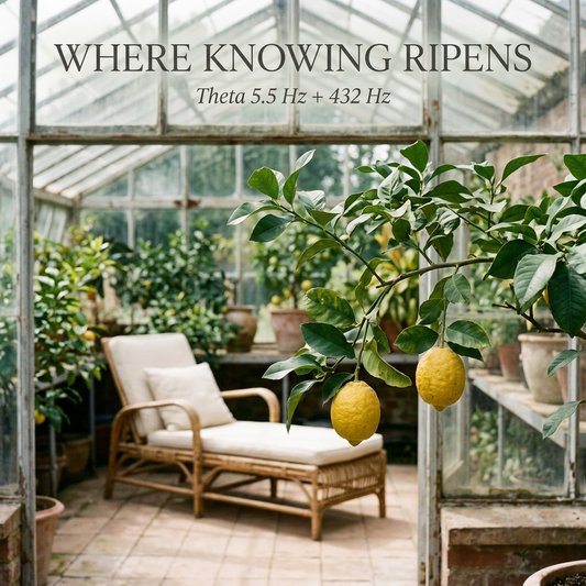 Golden lemons beside a woven chaise inside a sunlit glass orangery, with Where Knowing Ripens editorial headline