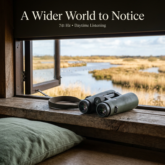 Unbranded binoculars on an oak observation ledge overlooking blue marsh channels and golden reeds, with A Wider World to Notice headline