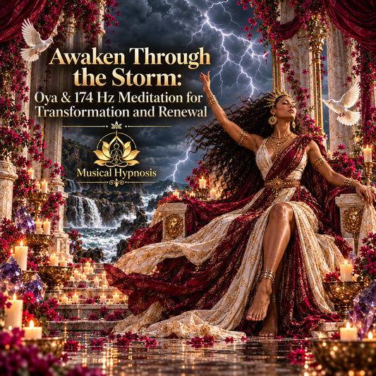 Oya in a crimson and ivory gown beneath a lightning-filled sky, with flowers, candles, doves, and the Awaken Through the Storm headline