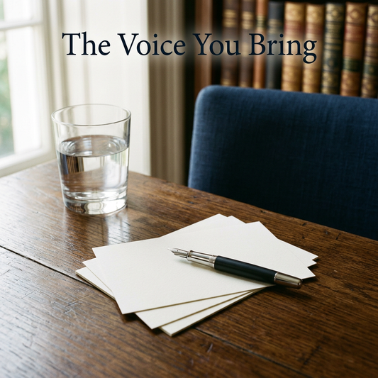 Ivory notecards and fountain pen on a sunlit walnut table beside a blue chair, with The Voice You Bring headline