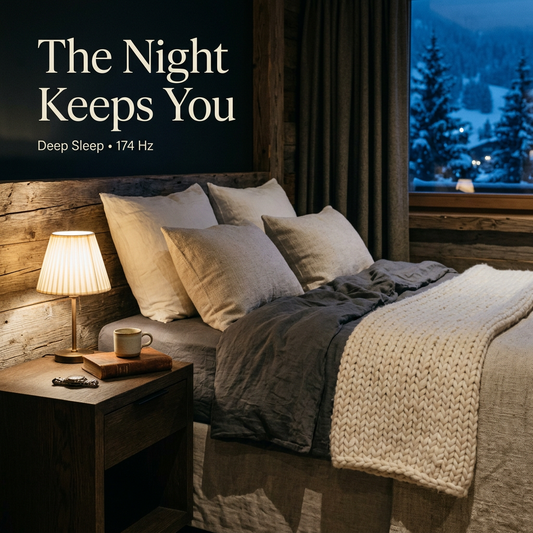 Warm bedside lamp, ivory pillows and wool bedding beside a snowy alpine window, with The Night Keeps You headline