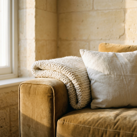 An ivory wool throw and linen cushion rest on an ochre velvet sofa beside a softly lit stone wall