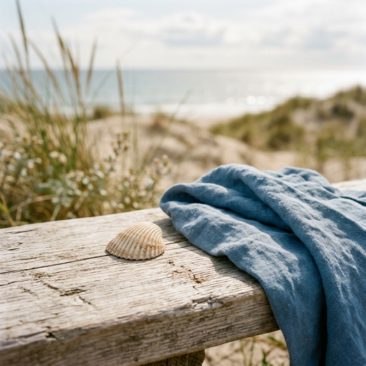 A ridged cream seashell and soft blue linen rest on a weathered wooden bench beside coastal dunes