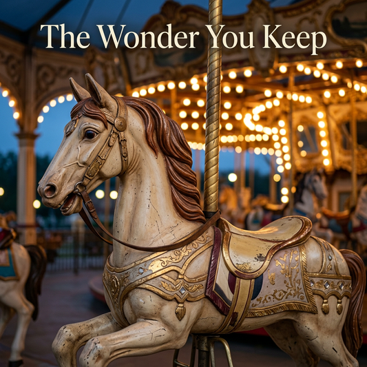 Cream-painted antique carousel horse with warm lights at twilight and The Wonder You Keep editorial headline
