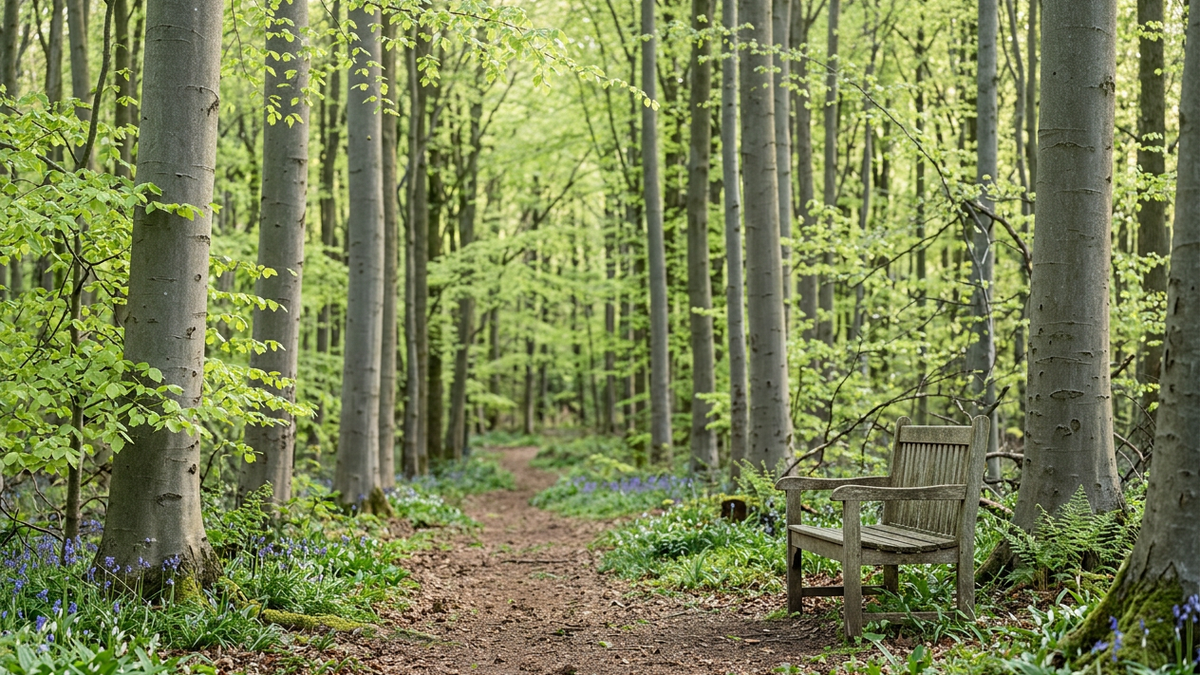 A weathered wooden chair rests beside a spring woodland path among silver beech trunks and fresh green leaves