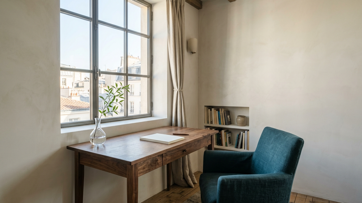 A sunlit walnut writing desk and deep blue chair sit beneath a tall window overlooking city rooftops