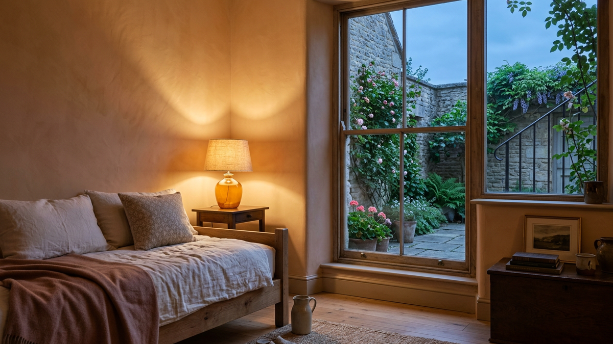 An amber lamp lights an ivory daybed in an apricot-colored room overlooking a leafy courtyard at blue dusk