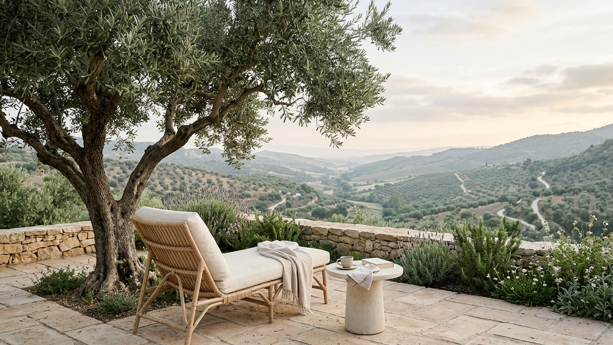 An ivory-cushioned woven chair beneath an olive tree overlooks silver-green hills from a quiet stone terrace